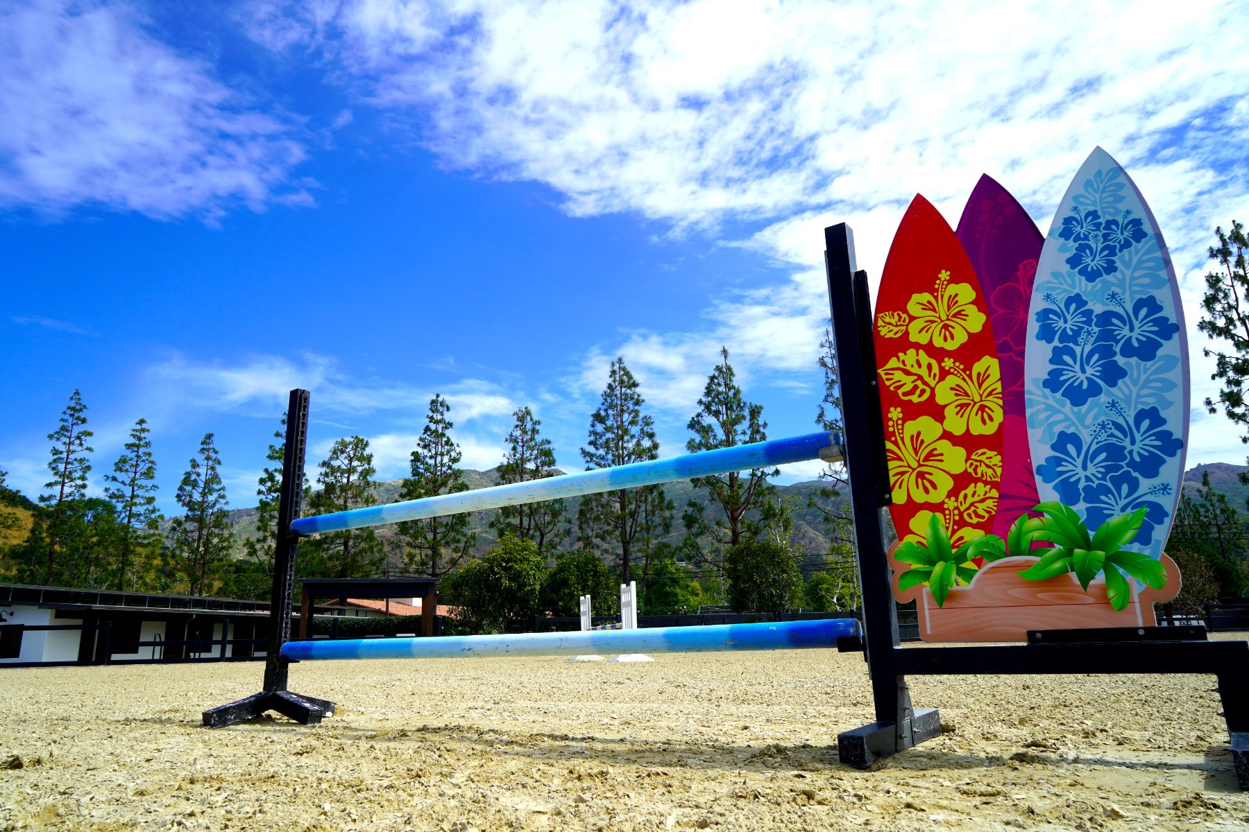 Surfboard-themed jump standard in the arena